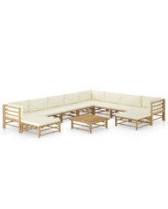 Salon de jardin 11 pcs avec coussins blanc crème bambou | Mobilier & Déco
