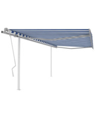 Auvent manuel rétractable avec poteaux 4,5x3 m Bleu et blanc | Mobilier & Déco