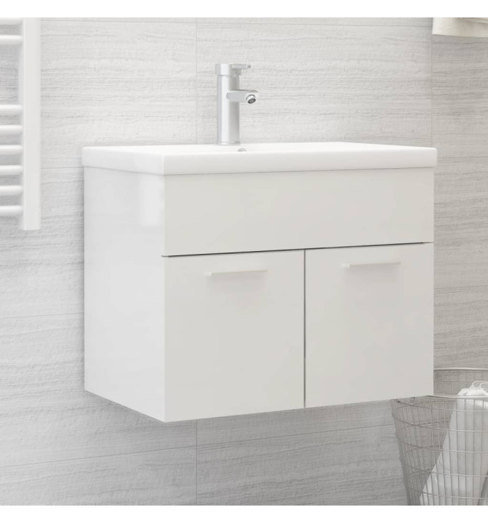 Armoire d'évier avec lavabo intégré Blanc brillant Aggloméré | Mobilier & Déco