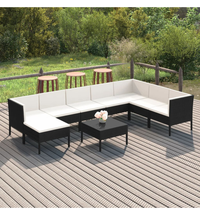 Salon de jardin 9 pcs avec coussins Résine tressée Noir | Mobilier & Déco