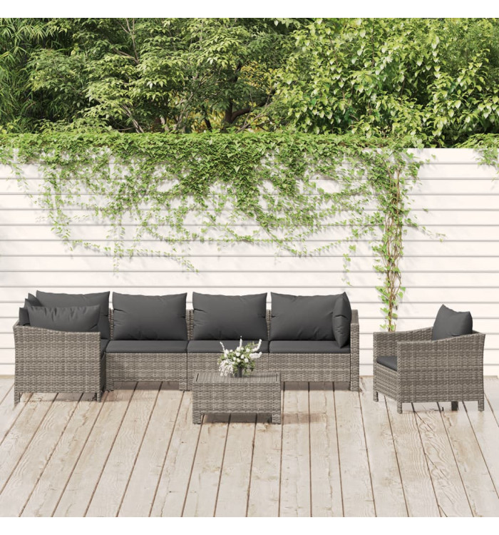 Salon de jardin 7 pcs avec coussins Gris Résine tressée | Mobilier & Déco