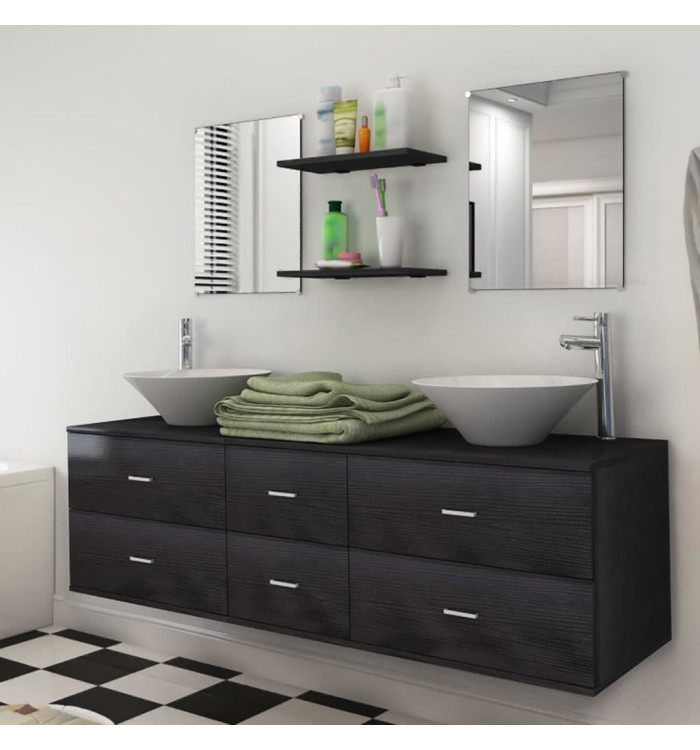 Meubles de salle de bain 9 pcs avec lavabo et robinet Noir | Mobilier & Déco