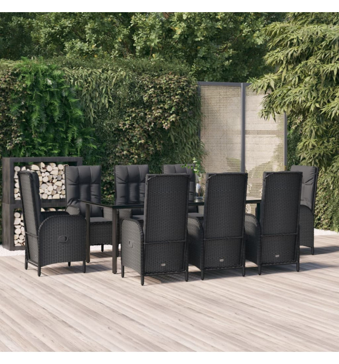 Ensemble à manger jardin 9pcs et coussins noir résine tressée | Mobilier & Déco