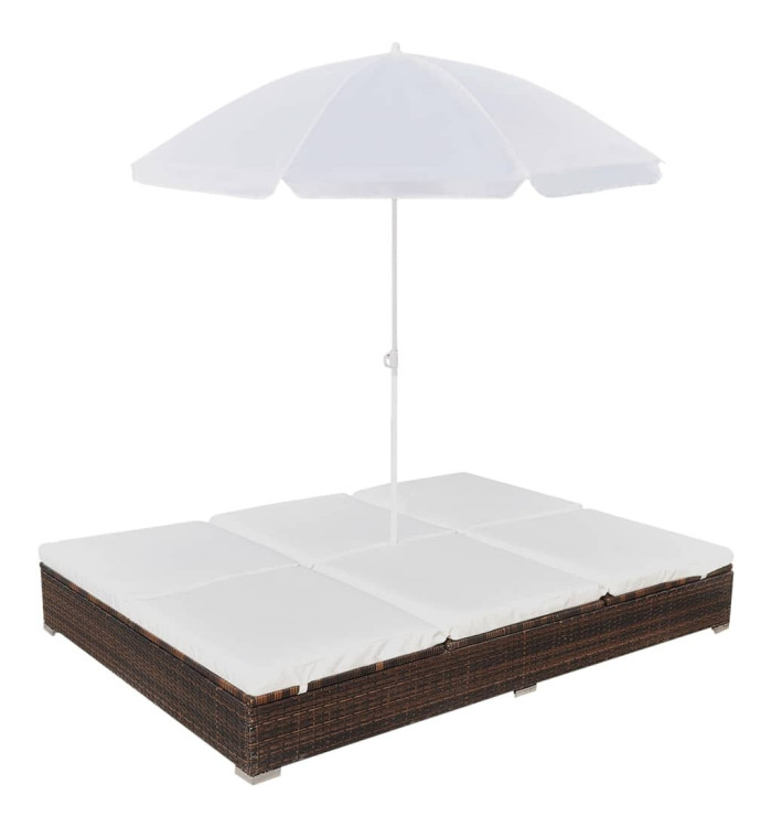 Chaise longue d'extérieur avec parasol Résine tressée Marron | Mobilier & Déco