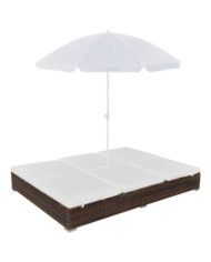 Chaise longue d'extérieur avec parasol Résine tressée Marron | Mobilier & Déco