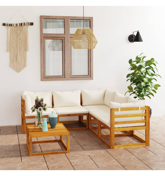 Salon de jardin 6 pcs avec coussin Crème Bois d'acacia solide | Mobilier & Déco