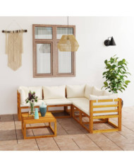 Salon de jardin 6 pcs avec coussin Crème Bois d'acacia solide | Mobilier & Déco