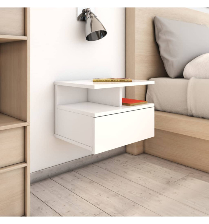 Table de chevet flottante Blanc brillant Bois d'ingénierie | Mobilier & Déco