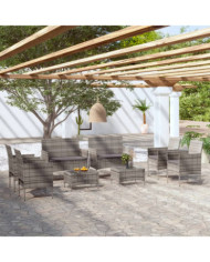 Salon de jardin 8 pcs avec coussins résine tressée gris | Mobilier & Déco
