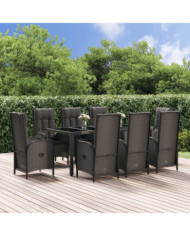 Ensemble à manger de jardin 9pcs et coussins noir et gris | Mobilier & Déco