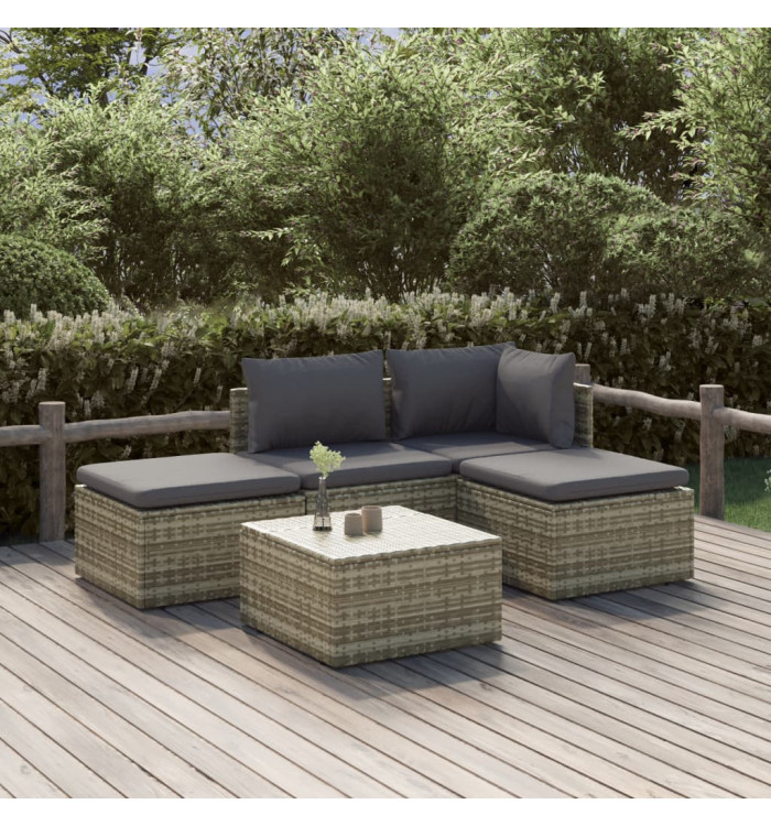 Salon de jardin 5 pcs avec coussins Gris Résine tressée | Mobilier & Déco