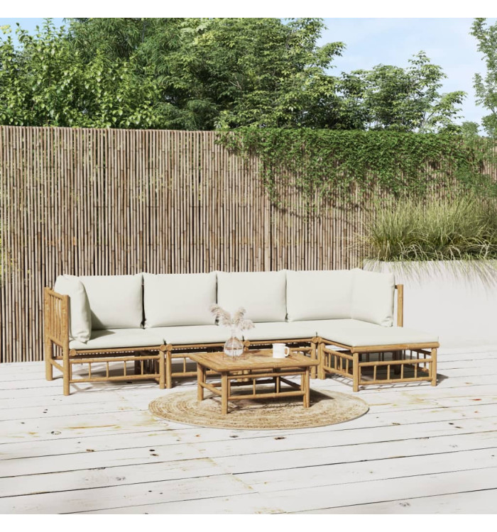 Salon de jardin 6 pcs avec coussins blanc crème bambou | Mobilier & Déco