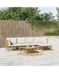 Salon de jardin 6 pcs avec coussins blanc crème bambou | Mobilier & Déco