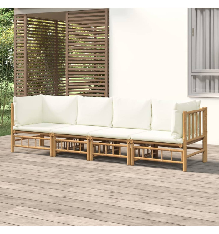 Salon de jardin 4 pcs avec coussins blanc crème bambou | Mobilier & Déco