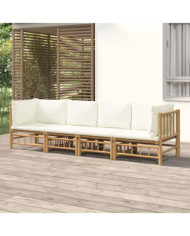 Salon de jardin 4 pcs avec coussins blanc crème bambou | Mobilier & Déco