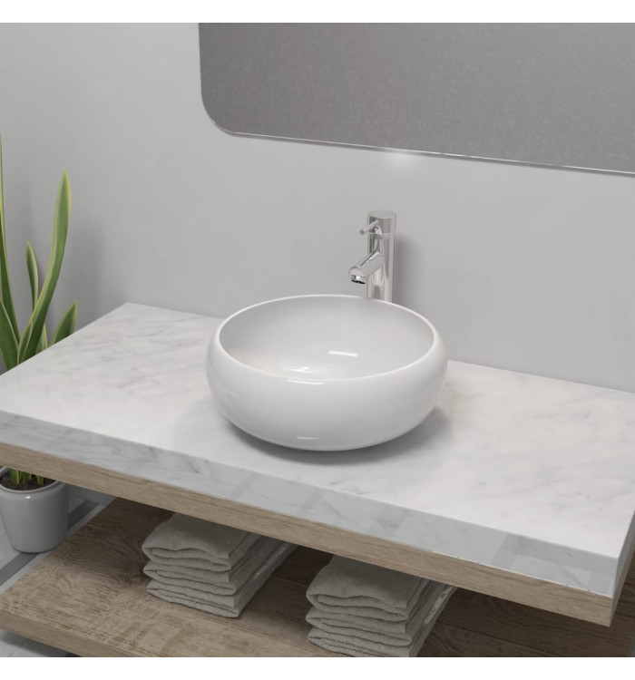 Lavabo de salle de bain avec mitigeur Céramique Rond Blanc | Mobilier & Déco