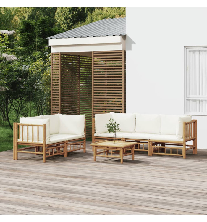 Salon de jardin 6 pcs avec coussins blanc crème bambou | Mobilier & Déco