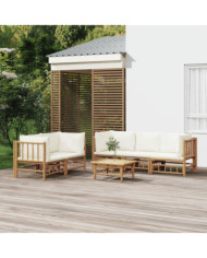 Salon de jardin 6 pcs avec coussins blanc crème bambou | Mobilier & Déco