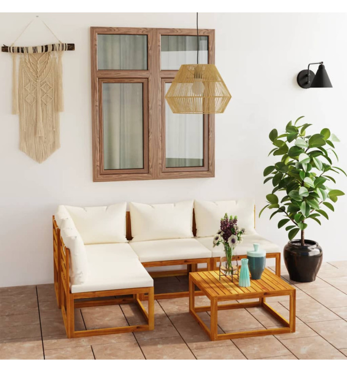 Salon de jardin 5 pcs avec coussin Crème Bois d'acacia solide | Mobilier & Déco