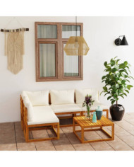 Salon de jardin 5 pcs avec coussin Crème Bois d'acacia solide | Mobilier & Déco