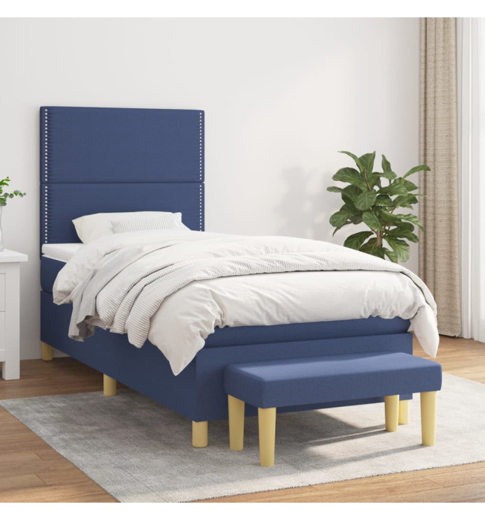 Sommier à lattes de lit avec matelas Bleu 100x200 cm Tissu | Mobilier & Déco