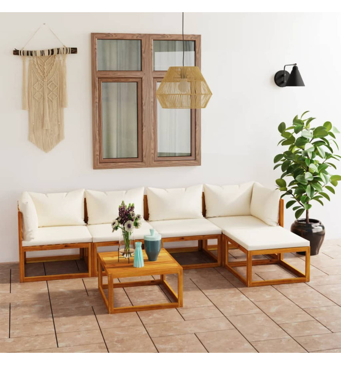 Salon de jardin 6 pcs avec coussin Crème Bois d'acacia solide | Mobilier & Déco