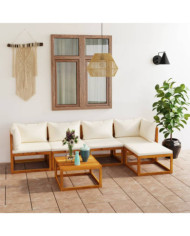 Salon de jardin 6 pcs avec coussin Crème Bois d'acacia solide | Mobilier & Déco