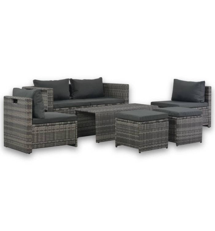 Salon de jardin avec coussins 6 pcs Résine tressée Gris | Mobilier & Déco