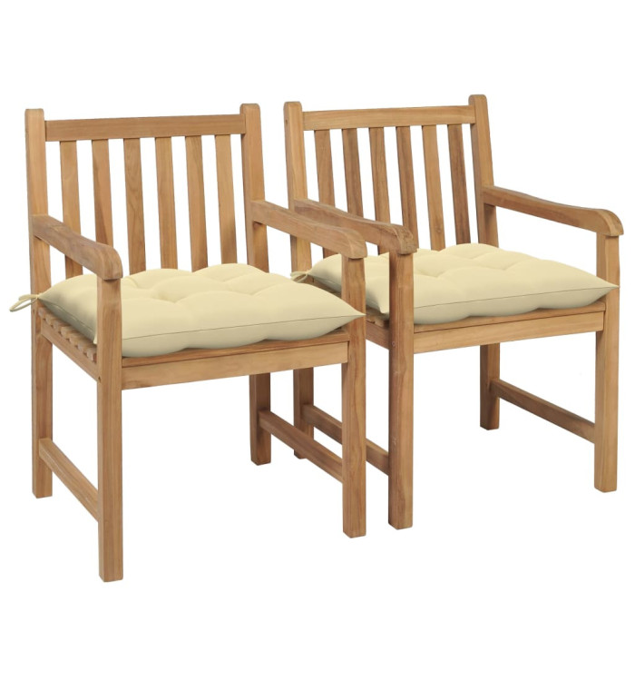Chaises de jardin lot de 2 et coussins blanc crème Bois de teck | Mobilier & Déco