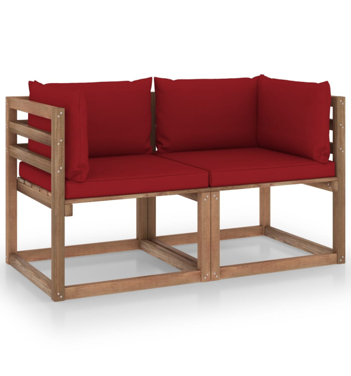 Canapé palette de jardin 2 places et coussins bordeaux Pinède | Mobilier & Déco
