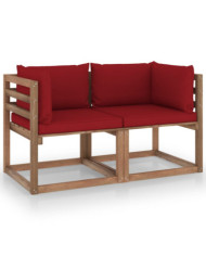 Canapé palette de jardin 2 places et coussins bordeaux Pinède | Mobilier & Déco