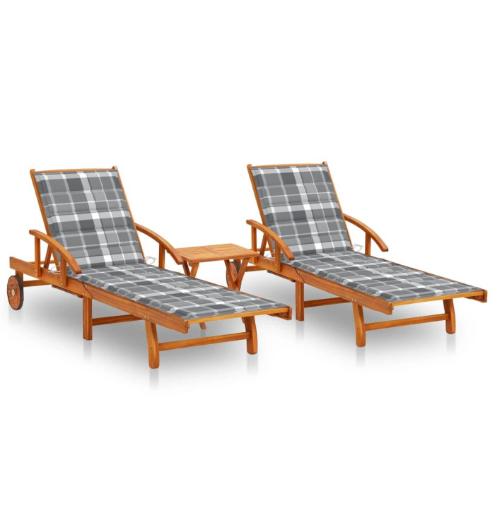 Chaises longues lot de 2 avec table et coussins Acacia solide | Mobilier & Déco
