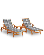 Chaises longues lot de 2 avec table et coussins Acacia solide | Mobilier & Déco