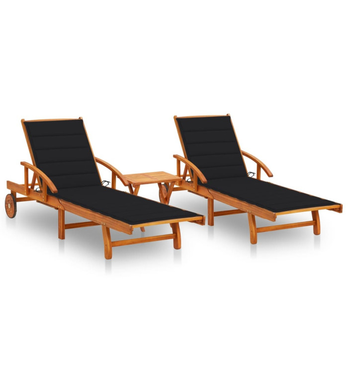 Chaises longues lot de 2 avec table et coussins Acacia solide | Mobilier & Déco