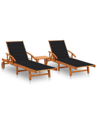 Chaises longues lot de 2 avec table et coussins Acacia solide | Mobilier & Déco