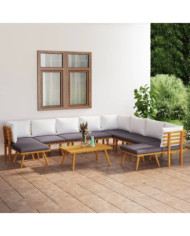 Salon de jardin 11 pcs avec coussins Bois d'acacia solide | Mobilier & Déco