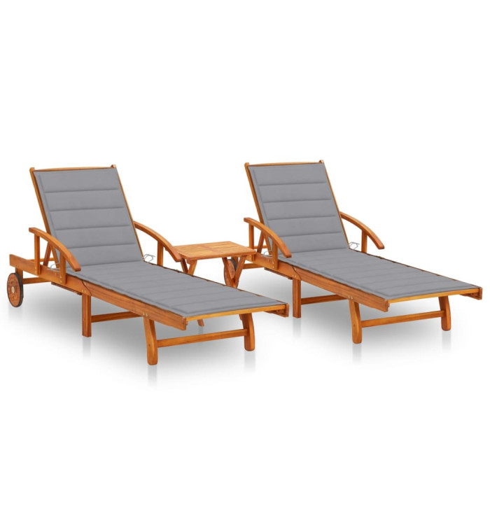Chaises longues lot de 2 avec table et coussins Acacia solide | Mobilier & Déco