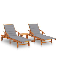 Chaises longues lot de 2 avec table et coussins Acacia solide | Mobilier & Déco