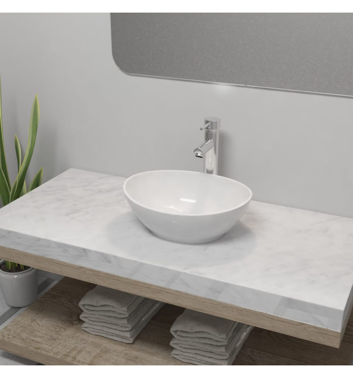 Lavabo de salle de bain avec mitigeur Céramique Ovale Blanc | Mobilier & Déco