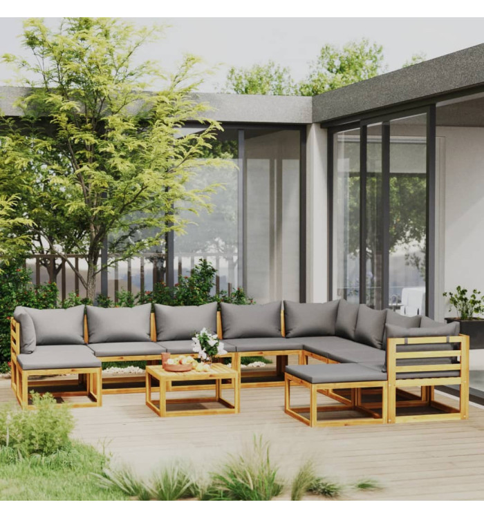 Salon de jardin 11 pcs avec coussin Bois d'acacia solide | Mobilier & Déco