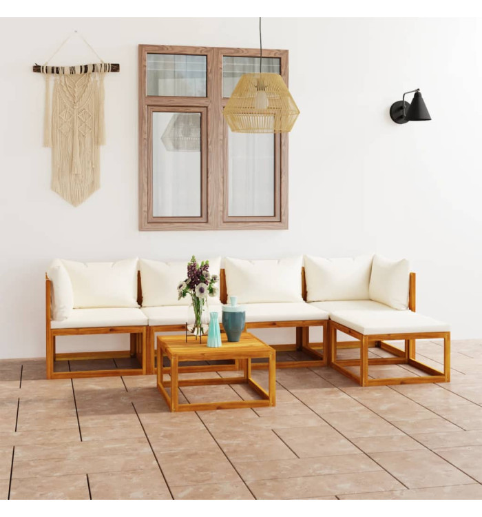 Salon de jardin 6 pcs avec coussin Crème Bois d'acacia solide | Mobilier & Déco