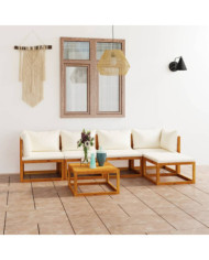 Salon de jardin 6 pcs avec coussin Crème Bois d'acacia solide | Mobilier & Déco