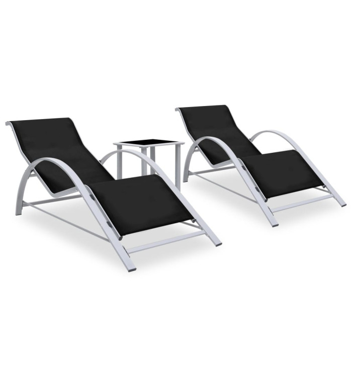 Chaises longues lot de 2 avec table aluminium noir | Mobilier & Déco