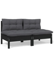 Canapé 2 places de jardin et coussins Noir Bois de pin solide | Mobilier & Déco