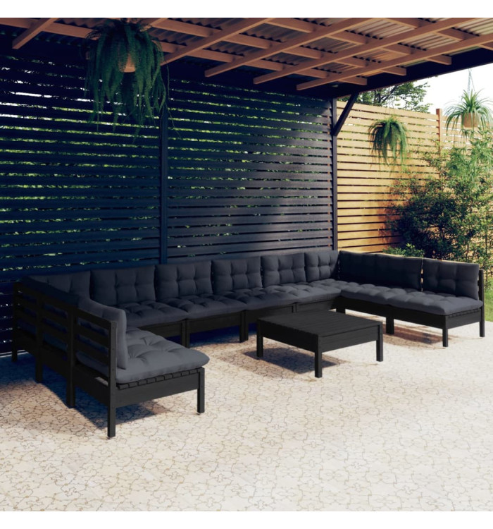 Salon de jardin 11 pcs avec coussins Noir Bois de pin solide | Mobilier & Déco