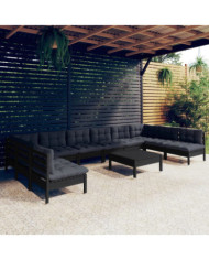 Salon de jardin 11 pcs avec coussins Noir Bois de pin solide | Mobilier & Déco