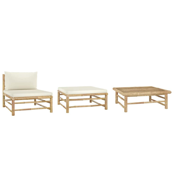 Salon de jardin 3 pcs avec coussins blanc crème Bambou | Mobilier & Déco