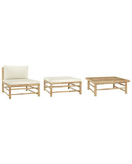 Salon de jardin 3 pcs avec coussins blanc crème Bambou | Mobilier & Déco