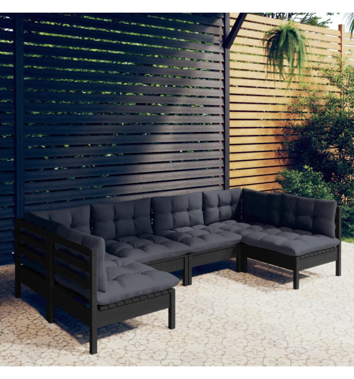Salon de jardin 6 pcs avec coussins Noir Bois de pin massif | Mobilier & Déco