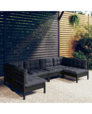 Salon de jardin 6 pcs avec coussins Noir Bois de pin massif | Mobilier & Déco